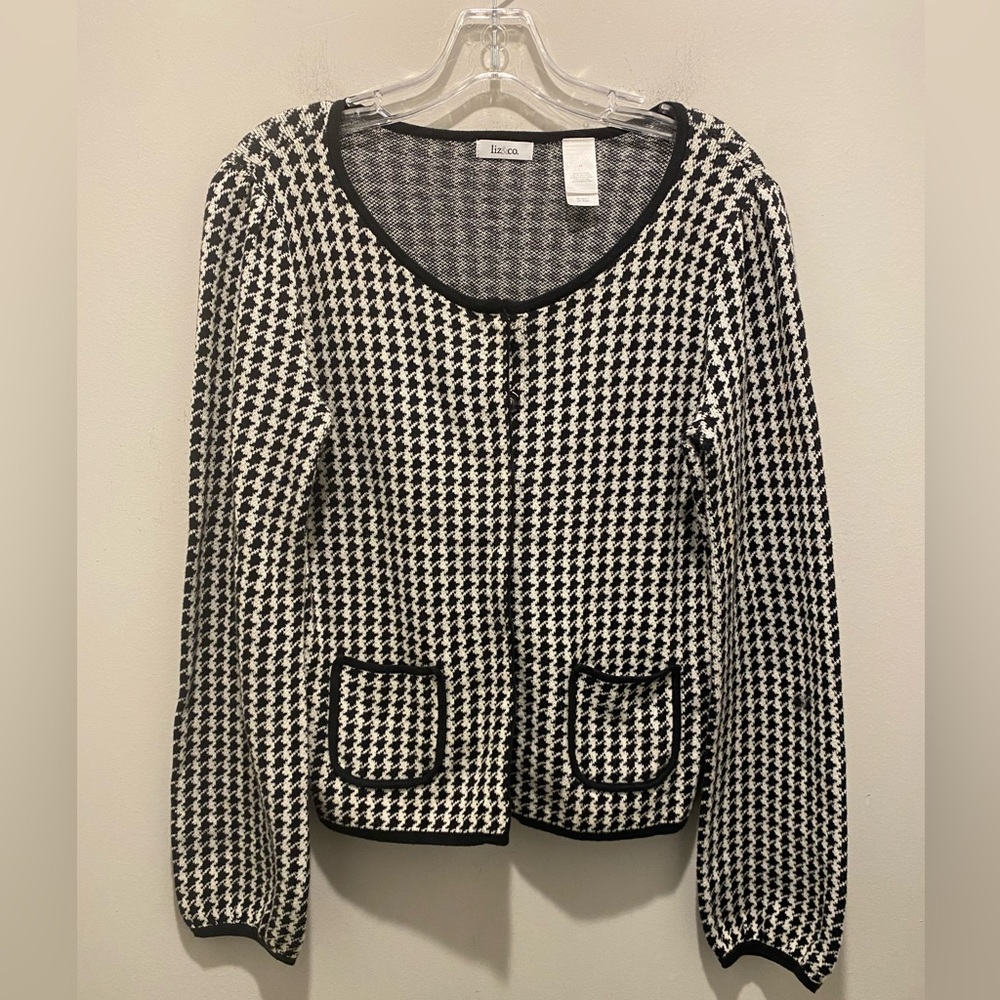 Liz Claiborne Liz & Co. Houndstooth Sweater Cardigan Black White Women's Size M
